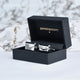 Lucky clover cufflinks shown in black Penelopetom cufflinks box