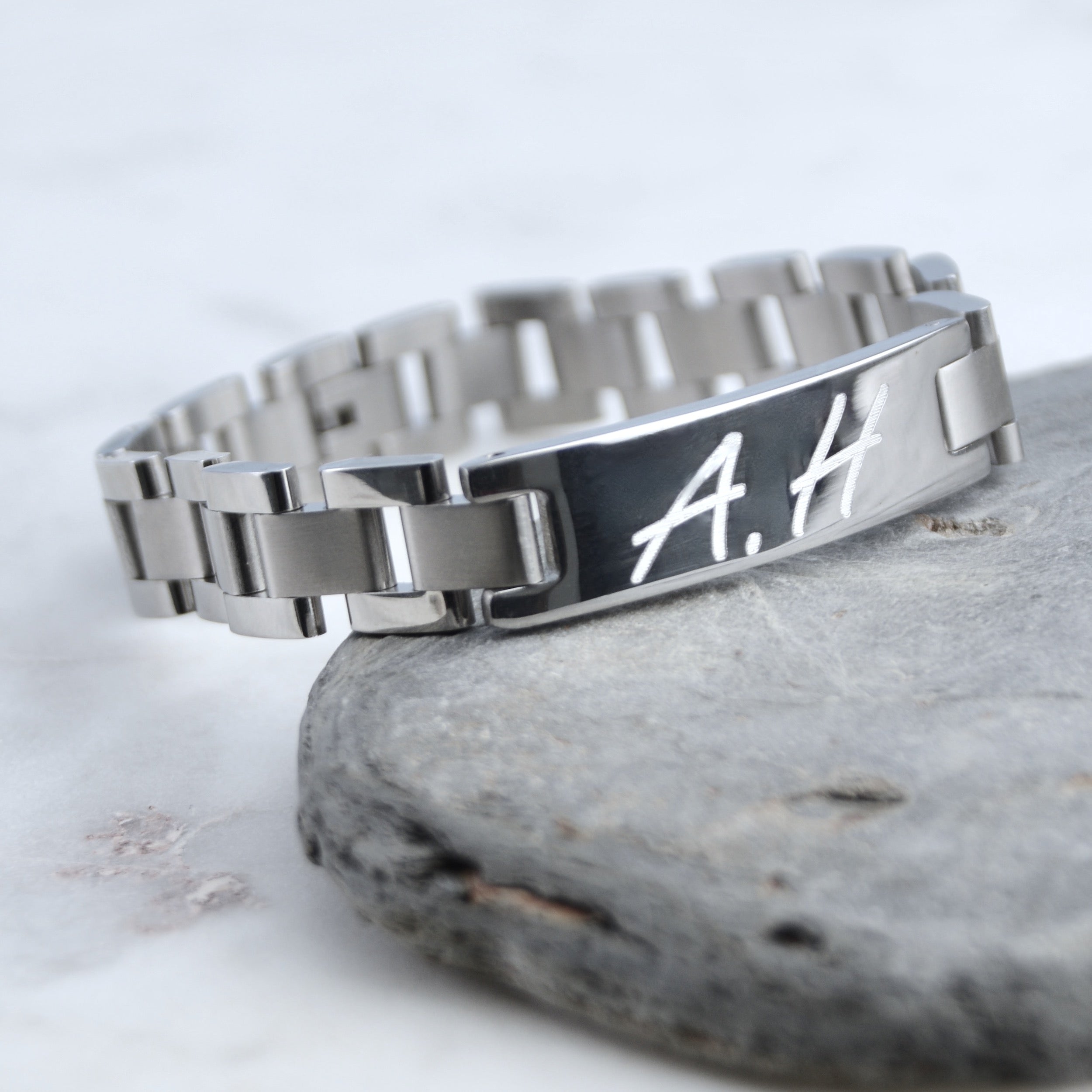 Men's 12mm Stainless Steel Curb Link ID Bracelet - 8.5 Inch, Open-Back Plaque For Engraving - View #2