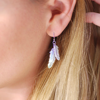 Sterling Silver Curved Double Feather Drop Earrings