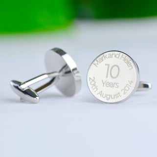 10 Years Anniversary Cufflinks with "Mark and Helen 20th August 2014" engraved on right cufflink and left cufflink displayed from the back to show the fitting