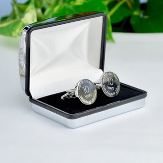 10 Years Anniversary Cufflinks with "Mark and Helen 20th August 2014" engraved on left cufflink and "20th August 2024" on right cufflink in silver chrome cufflinks box
