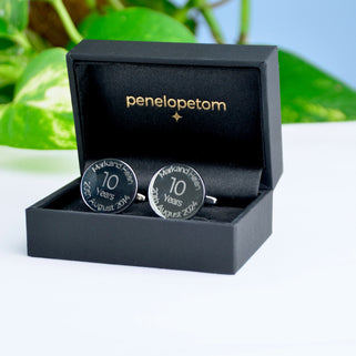 10th Anniversary Cufflinks with personalised engraving "Mark and Helen 20th August 2024" in black Penelopetom cufflinks box