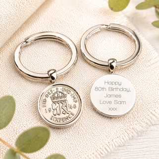 Luxury 80th Birthday 1946 Silver Sixpence Keyring
