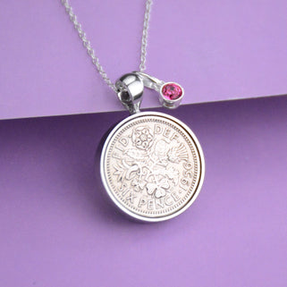 Luxury 70th Birthday Sixpence and Birthstone Necklace