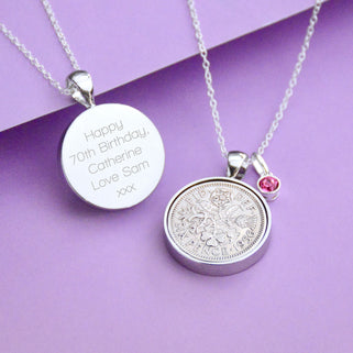 Luxury 70th Birthday Sixpence and Birthstone Necklace