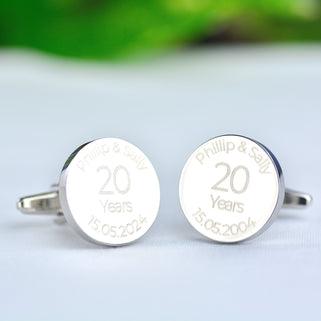 20 Years Anniversary Cufflinks with "Phillip & Sally 15.05.2024" engraved on left cufflink and "15.05.2004" on right cufflink