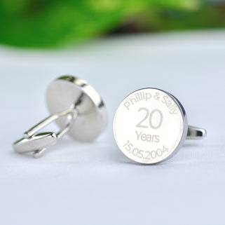 20th Anniversary Cufflinks with Personalised engraved "Phillip & Sally 15.05.2024" shown in close up shot