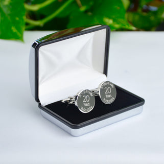 20th Anniversary Cufflinks with Personalised engraved "Phillip & Sally 15.05.2024" in chrome silver cufflinks box