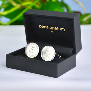 20th Anniversary Cufflinks with Personalised engraved "Phillip & Sally 15.05.2024" in black Penelopetom cufflinks box
