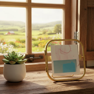 Decorative photo frame on a wooden surface with a plant and books in the background