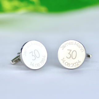 Milestone 30th Year Birthday Cufflinks with personalise name and date engraved around the top and bottom
