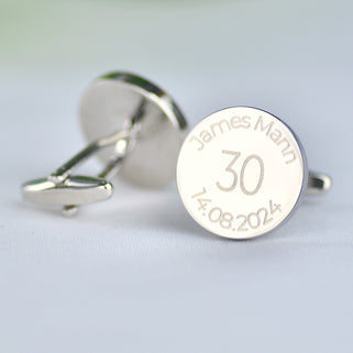 Milestone 30th year birthday cufflinks with personalise name and date engraved around the top and bottom