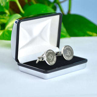 Milestone 30th year birthday cufflinks shown in silver chrome rectangle box