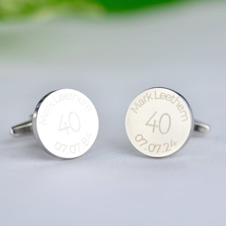 Personalised milestone 40th year birthday cufflinks with name and date engraved around the top and bottom, shown in close up shot