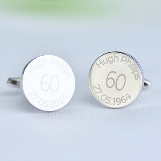 Personalised milestone 60th birthday cufflinks with "Hugh Phillips" engraved around the top and "27.05.2024" engraved around the bottom 