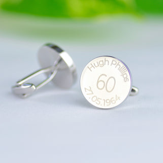 Personalised milestone 60th birthday cufflinks with "Hugh Phillips" engraved around the top and "27.05.2024" engraved around the bottom 