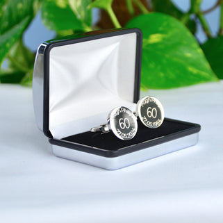 Personalised milestone 60th birthday cufflinks shown in silver chrome rectangle cufflinks box