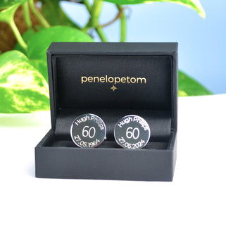 Personalised milestone 60th birthday cufflinks shown in black Penelopetom cufflinks box