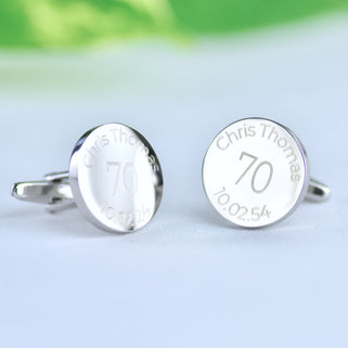 Personalised milestone 70th birthday cufflinks with "Chris Thomas" engraved around the top and "10.02.24/10.02.54" engraved around the bottom 