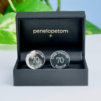 Personalised milestone 70th birthday cufflinks shown in black Penelopetom gift box.