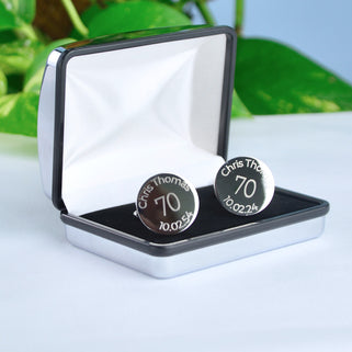 Personalised milestone 70th birthday cufflinks shown in silver chrome rectangle cufflinks box