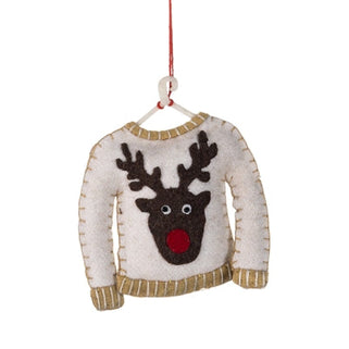 A felt Christmas ornament shaped like a sweater with a reindeer face, hanging from a white plastic hanger on a red string against a plain white background.