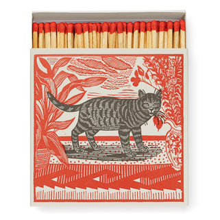 Red square match box with grey cat design on the front, shown sightly open with 100 x matches in the box.