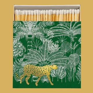 square match box with green rainforest design and gold cheetah