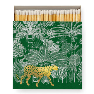 square match box with green rainforest design and gold cheetah