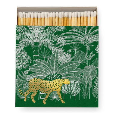 square match box with green rainforest design and gold cheetah