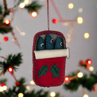 felt sardine tin with three sardines in red tin tree decoration