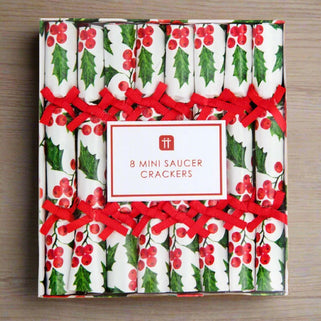 mini christmas crackers with holly and berry design in red and green