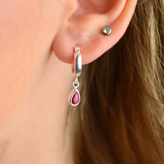 Sterling Silver Teardrop Birthstone Huggie Hoop Earrings with October birthstone