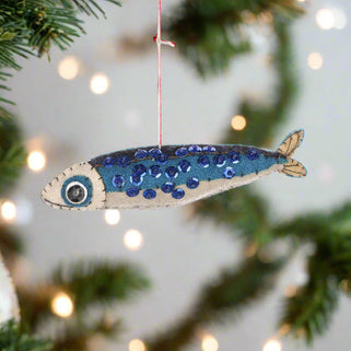 A decorative felt mackerel fish with blue and green sequins and a metallic finish.