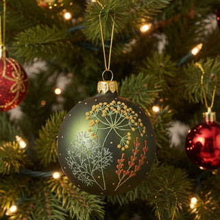 Decorative Christmas ornament with floral design on a tree with other ornaments.