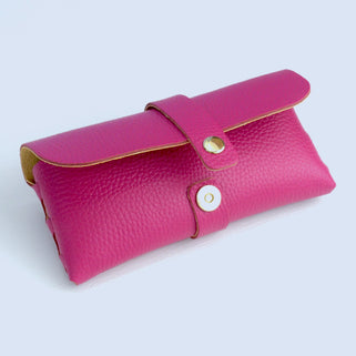 Fuchsia glasses case showing new  design gold magnetic press stud fastening