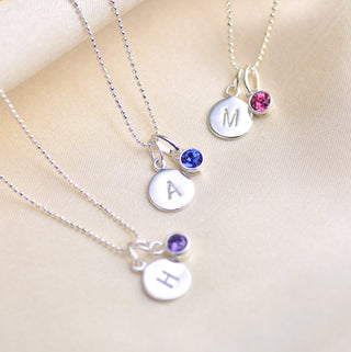 Sterling Silver Personalised Initial Disc and Birthstone Necklaces - Initial H with February Amethyst Birthstone, Initial A with September Sapphire Birthstone, Initial M with October Tourmaline Birthstone