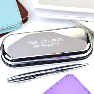 Chrome pen with "Thomas" engrave and chrome box with "Happy 23rd Birthday 24th May 2023"