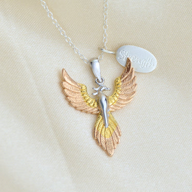 Personalised Phoenix Strength Positivity Pendant with engraved silver charm saying Strength