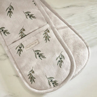 Double oven glove with rustic olive branch design on neutral background.