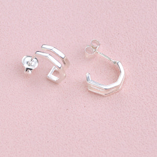 Silver Open Pentagon Huggie Hoop Earrings