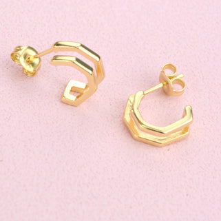 Gold Open Pentagon Huggie Hoop Earrings