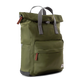 An olive green roll-top backpack with gray webbing handles, a front zippered pocket, and small brown leather zipper pulls, shown on a plain white background.