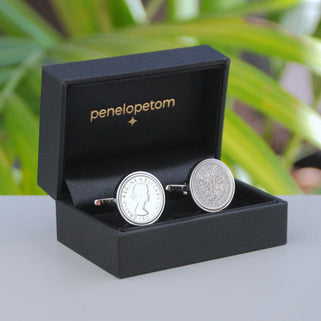 Luxury 60th Birthday 1964 Sixpence Cufflinks in black penelopetom cufflinks box.