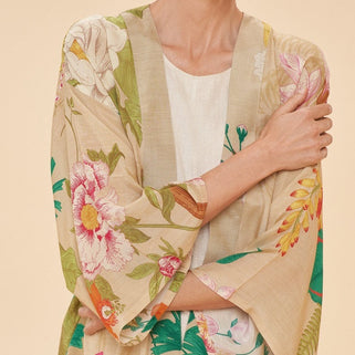Tropical Floral Fauna Kimono Jacket Coconut