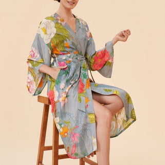 Tropical Floral Fauna Kimono Gown Lavender
