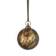 A single hanging spherical ornament with a distressed metallic finish in bronze, gold, and dark brown tones, suspended by a thin dark ribbon against a plain white background.