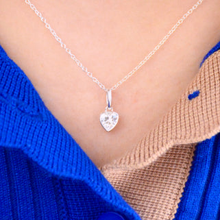 April Heart Birthstone Necklace - Clear Crystal, Sterling Silver