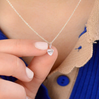 April Heart Birthstone Necklace - Clear Crystal, Sterling Silver