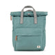 Teal backpack with gray straps on a white background